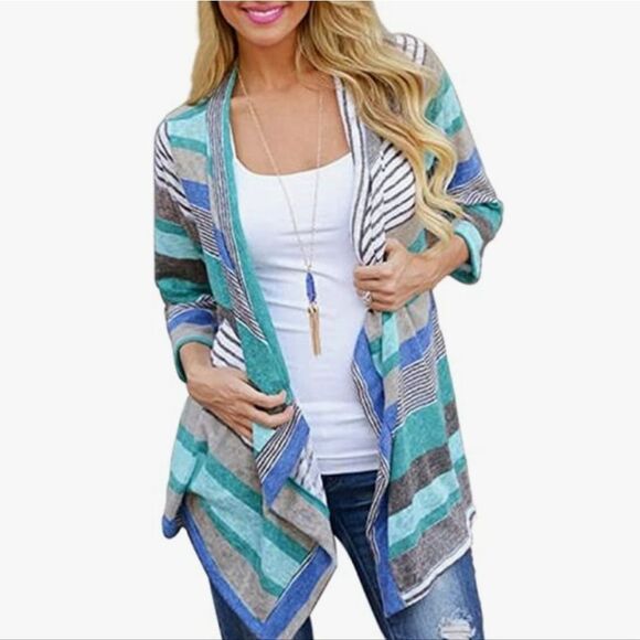 🔸️Blue, Teal, & Gray Striped Cascading Open Front Cardigan Kimono Large - Picture 1 of 12